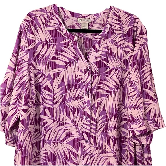 Catherines Button Front Top Plus Size 2x Purple Tropical Palm Tunic Beach Resort - Picture 1 of 9
